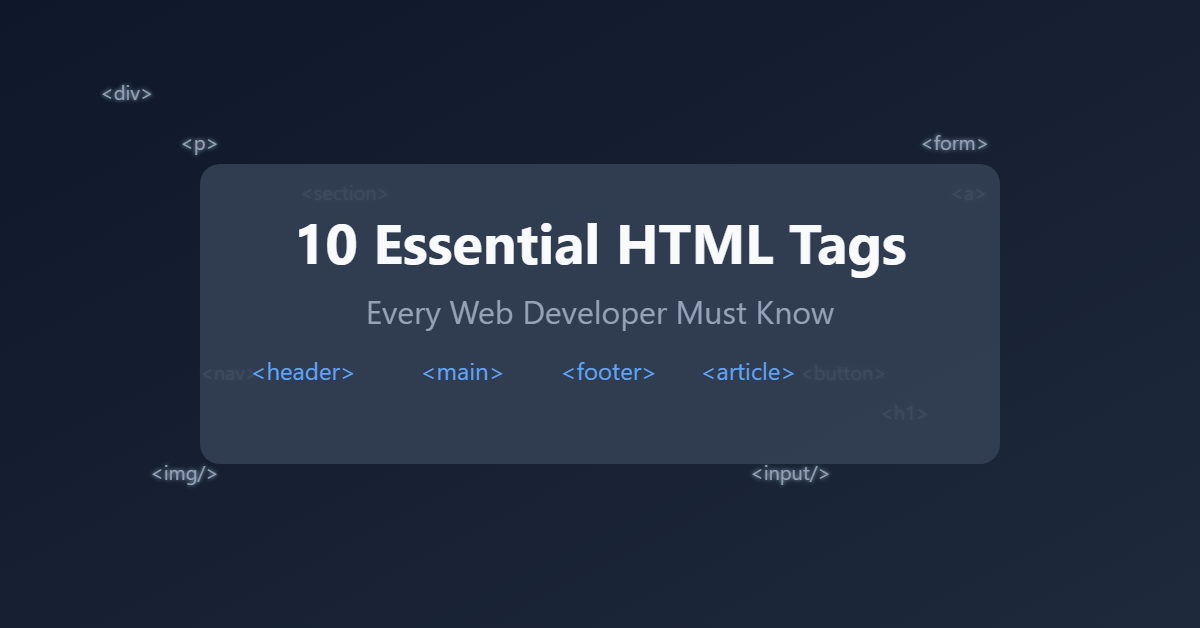 essential HTML tags with code examples on a modern dark gradient background