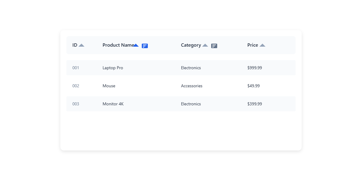 Interactive data table interface with sorting and filtering capabilities